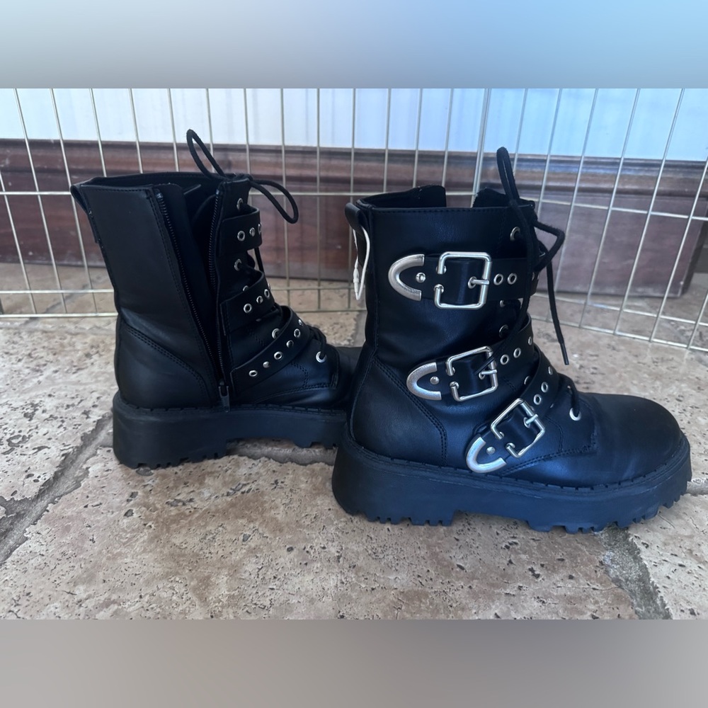 Zara Black Combat Boots with Silver Buckles